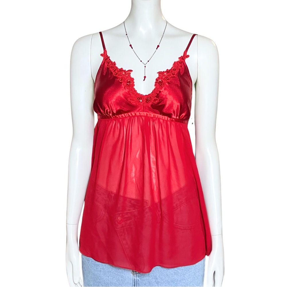 Y2K Red Satin Sheer Beaded Babydoll Top Micro Mini Slip Dress XS Lingerie Fairy
